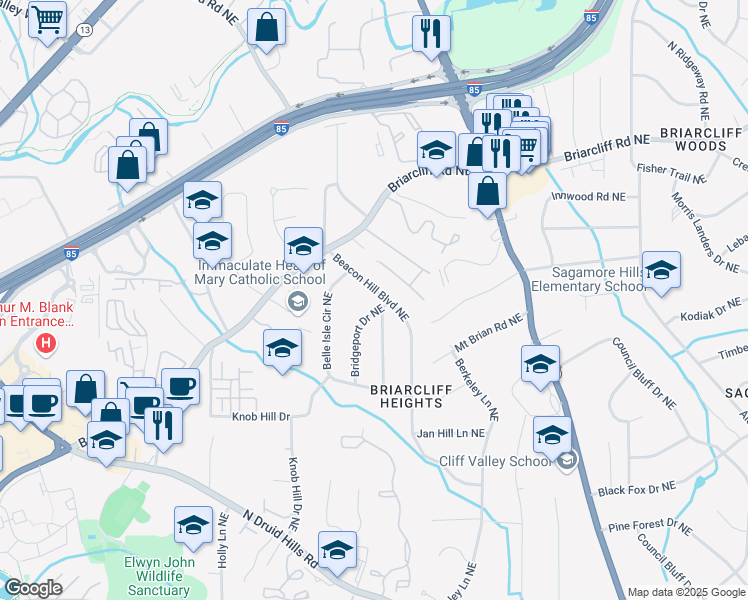 map of restaurants, bars, coffee shops, grocery stores, and more near 1752 Beacon Hill Boulevard Northeast in Atlanta