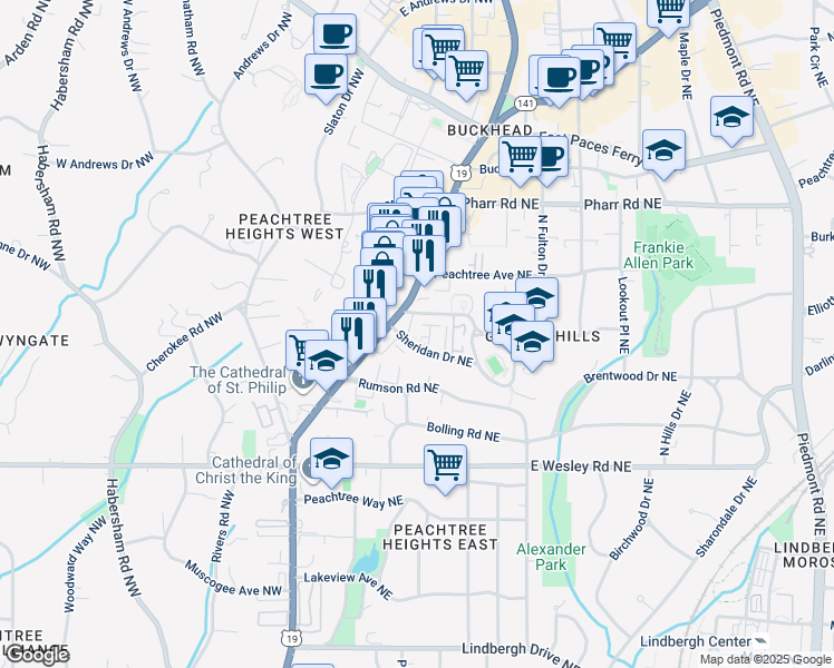 map of restaurants, bars, coffee shops, grocery stores, and more near 58 Sheridan Drive Northeast in Atlanta