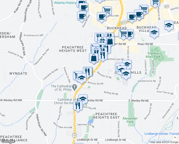 map of restaurants, bars, coffee shops, grocery stores, and more near 2840 Peachtree Road Northeast in Atlanta