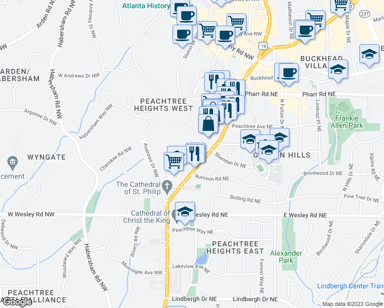 map of restaurants, bars, coffee shops, grocery stores, and more near 2828 Peachtree Road Northwest in Atlanta