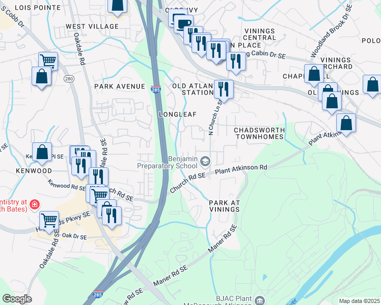 map of restaurants, bars, coffee shops, grocery stores, and more near 4905 Greylock Walk Southeast in Atlanta