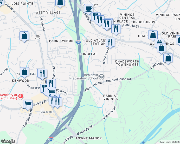 map of restaurants, bars, coffee shops, grocery stores, and more near 4929 Greylock Walk Southeast in Atlanta