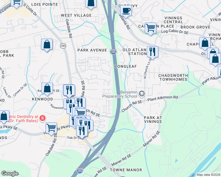 map of restaurants, bars, coffee shops, grocery stores, and more near 4969 Whiteoak Street in Smyrna