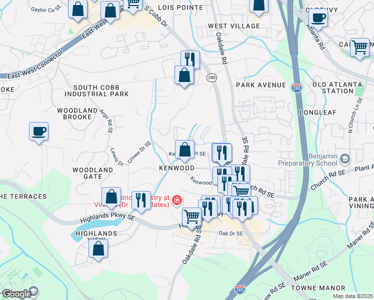 map of restaurants, bars, coffee shops, grocery stores, and more near 1993 Kenwood Place Southeast in Smyrna