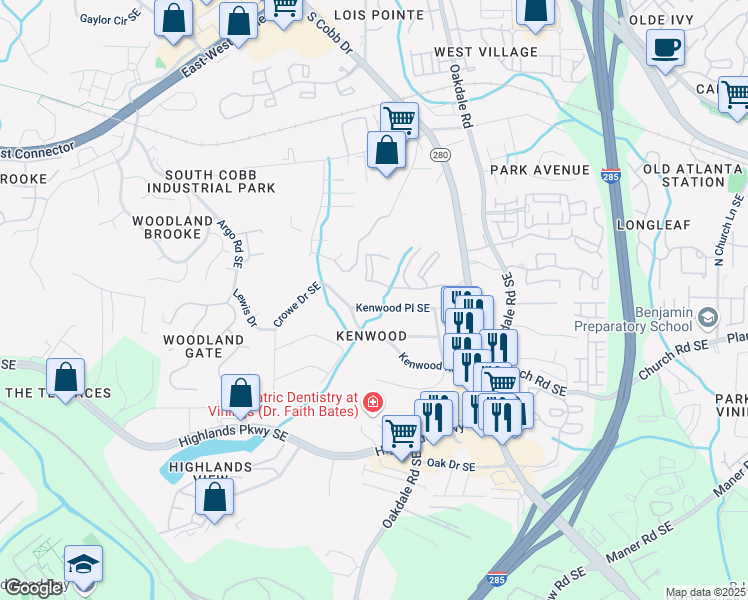 map of restaurants, bars, coffee shops, grocery stores, and more near 1965 Kenwood Place Southeast in Smyrna