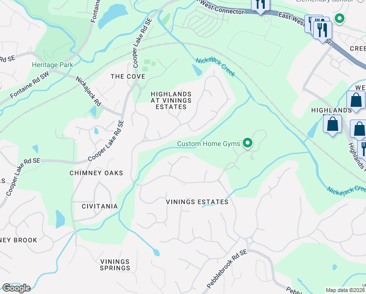 map of restaurants, bars, coffee shops, grocery stores, and more near 5056 Vinings Estates Court Southeast in Mableton