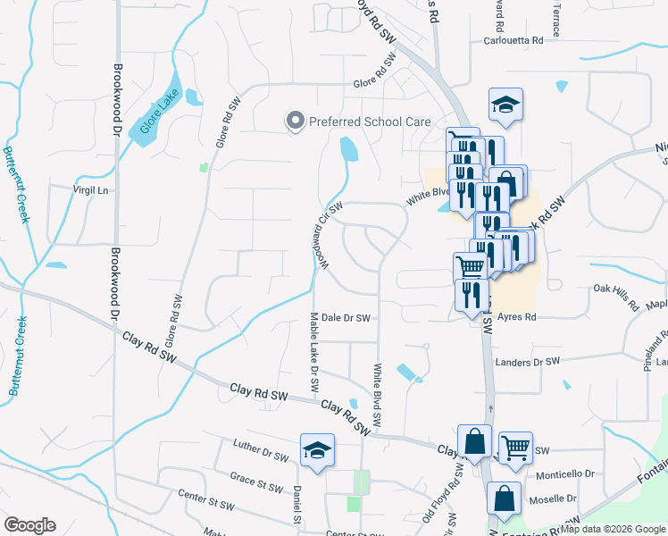 map of restaurants, bars, coffee shops, grocery stores, and more near 1026 Woodward Circle Southwest in Mableton