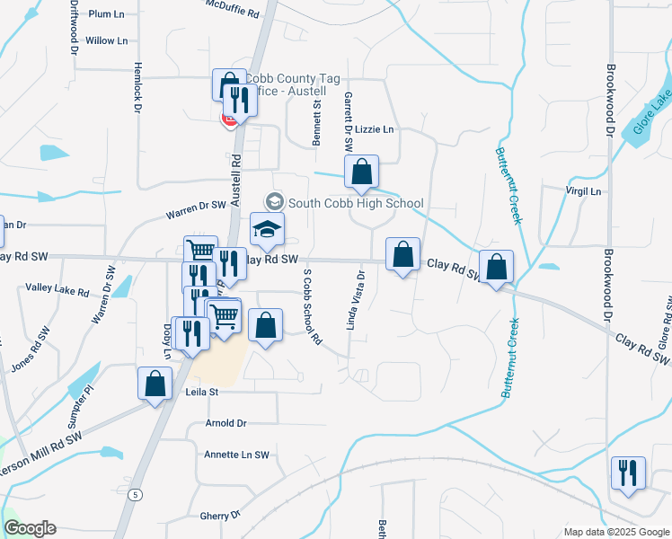 map of restaurants, bars, coffee shops, grocery stores, and more near 4990 Linda Vista Drive in Mableton