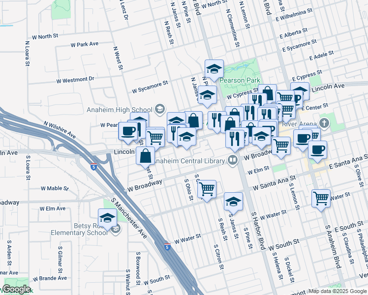 map of restaurants, bars, coffee shops, grocery stores, and more near 122 South Ohio Street in Anaheim