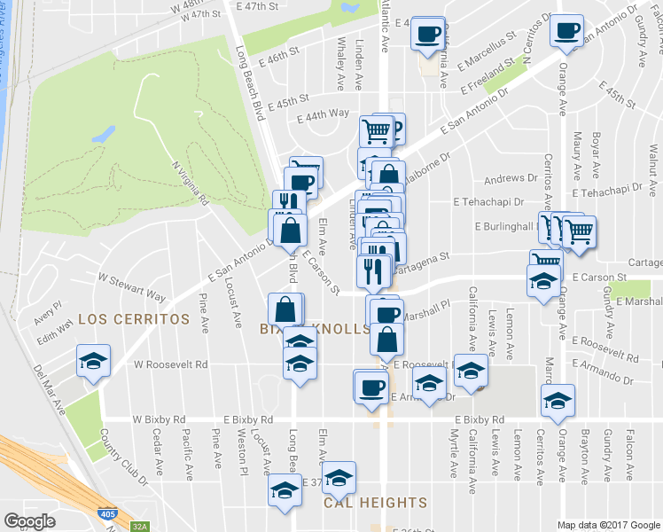 map of restaurants, bars, coffee shops, grocery stores, and more near 4110 Elm Avenue in Long Beach