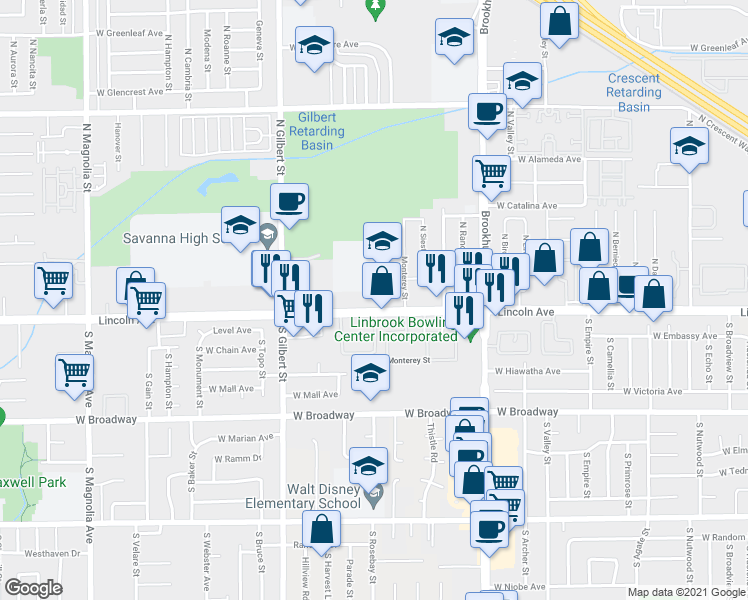 map of restaurants, bars, coffee shops, grocery stores, and more near in Anaheim
