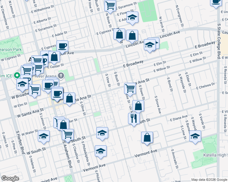 map of restaurants, bars, coffee shops, grocery stores, and more near 920 East Santa Ana Street in Anaheim