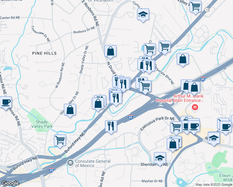 map of restaurants, bars, coffee shops, grocery stores, and more near 2888 Buford Hwy NE in Atlanta