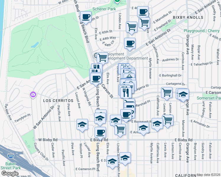 map of restaurants, bars, coffee shops, grocery stores, and more near 4110 Elm Avenue in Long Beach