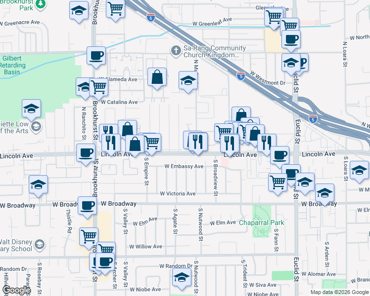 map of restaurants, bars, coffee shops, grocery stores, and more near 1972 West Blue Violet Court in Anaheim