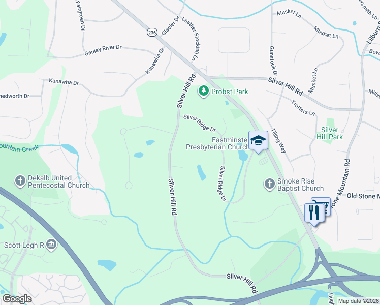 map of restaurants, bars, coffee shops, grocery stores, and more near 1715 Silver Hill Rd in Stone Mountain