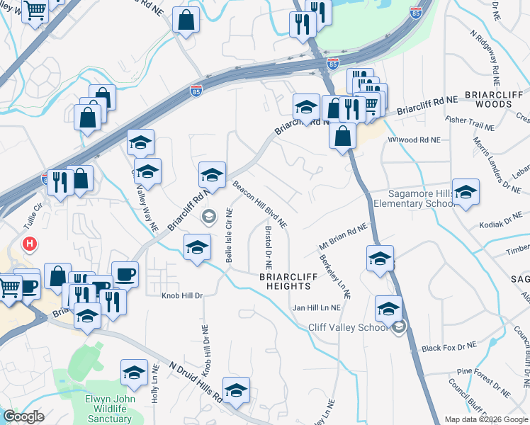map of restaurants, bars, coffee shops, grocery stores, and more near 1758 Beacon Hill Boulevard Northeast in Atlanta
