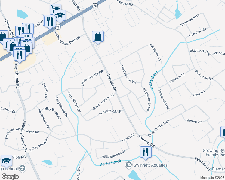 map of restaurants, bars, coffee shops, grocery stores, and more near 2503 Hewatt Road in Snellville