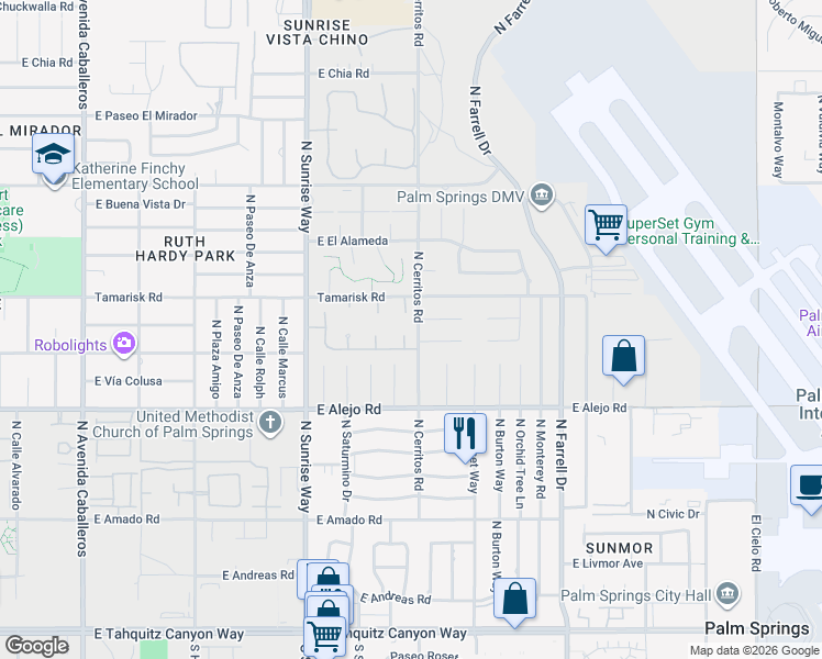 map of restaurants, bars, coffee shops, grocery stores, and more near 600 North Palomar Circle in Palm Springs