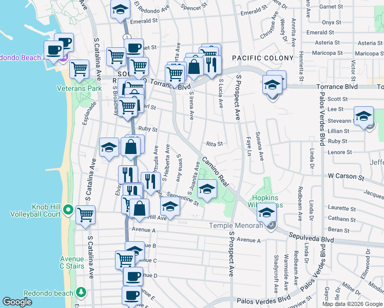 map of restaurants, bars, coffee shops, grocery stores, and more near 703 South Juanita Avenue in Redondo Beach