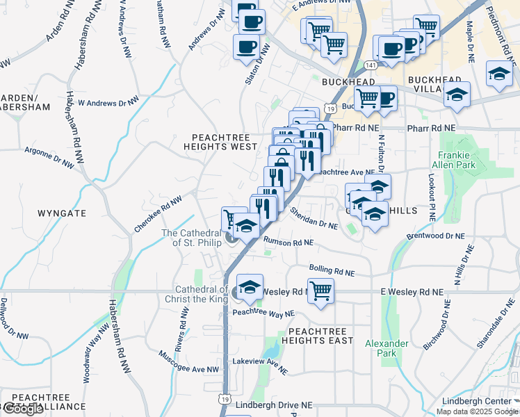 map of restaurants, bars, coffee shops, grocery stores, and more near 2814 Peachtree Road Northwest in Atlanta