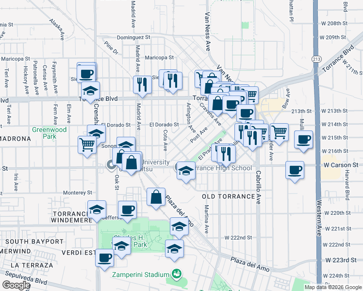 map of restaurants, bars, coffee shops, grocery stores, and more near 1547 Post Avenue in Torrance