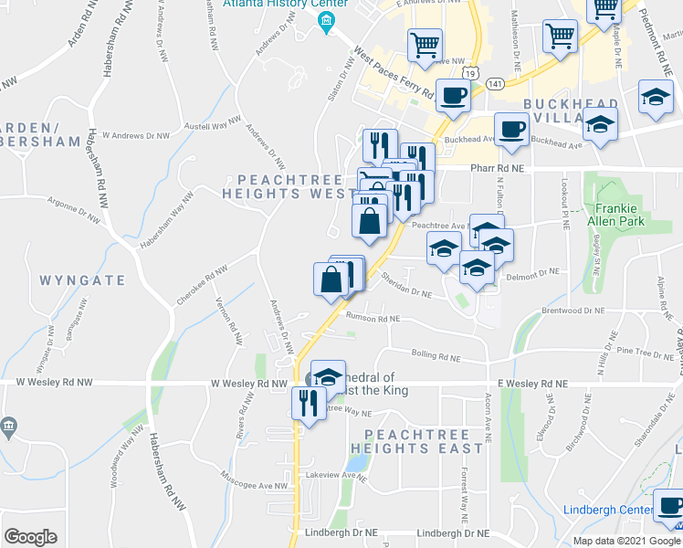 map of restaurants, bars, coffee shops, grocery stores, and more near 2814 Peachtree Road Northwest in Atlanta