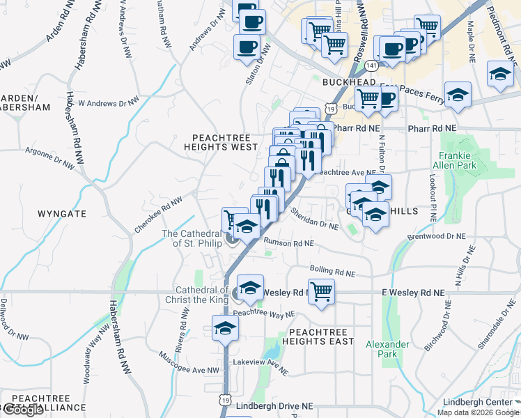 map of restaurants, bars, coffee shops, grocery stores, and more near 2814 Peachtree Road Northwest in Atlanta