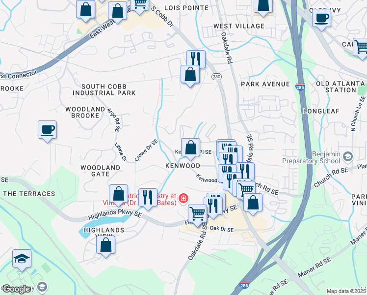 map of restaurants, bars, coffee shops, grocery stores, and more near 1965 Kenwood Place Southeast in Smyrna