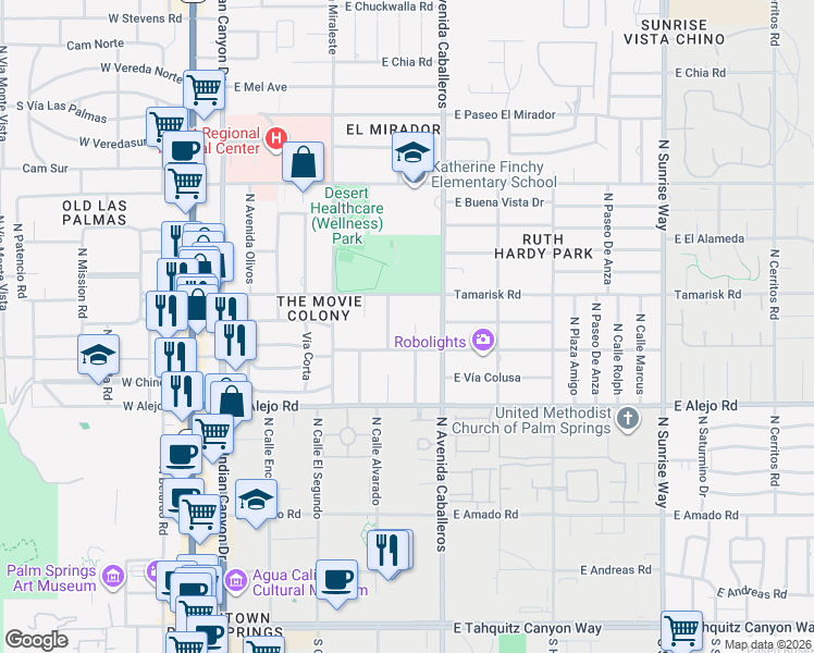 map of restaurants, bars, coffee shops, grocery stores, and more near 695 North Camino Real in Palm Springs