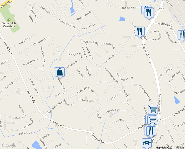 map of restaurants, bars, coffee shops, grocery stores, and more near 2690 Loch Way in Snellville