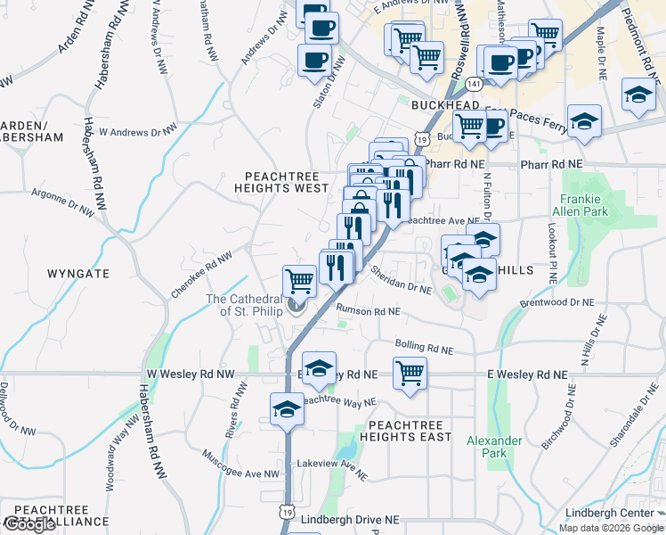 map of restaurants, bars, coffee shops, grocery stores, and more near 2828 Peachtree Road Northwest in Atlanta