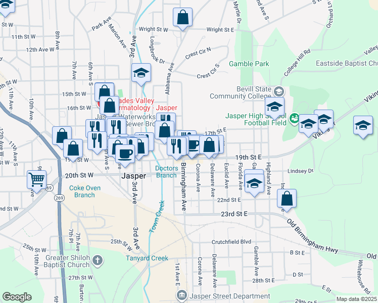 map of restaurants, bars, coffee shops, grocery stores, and more near 204 19th Street East in Jasper