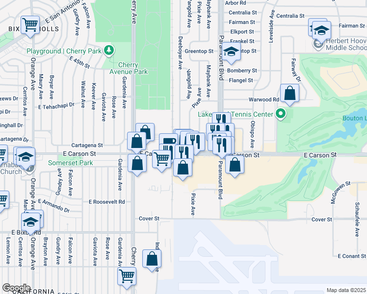 map of restaurants, bars, coffee shops, grocery stores, and more near 4108 Deeboyar Avenue in Lakewood