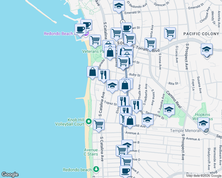 map of restaurants, bars, coffee shops, grocery stores, and more near in Redondo Beach