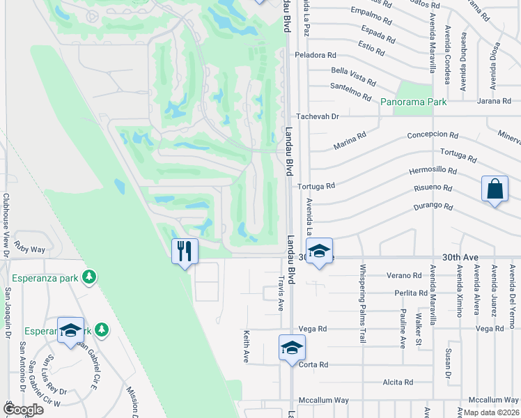 map of restaurants, bars, coffee shops, grocery stores, and more near 29781 Sandy Court in Cathedral City