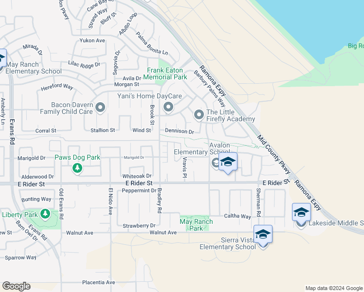 map of restaurants, bars, coffee shops, grocery stores, and more near 3381 Evening Mist Lane in Perris