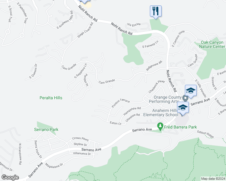 map of restaurants, bars, coffee shops, grocery stores, and more near 860 South Amber Lane in Anaheim