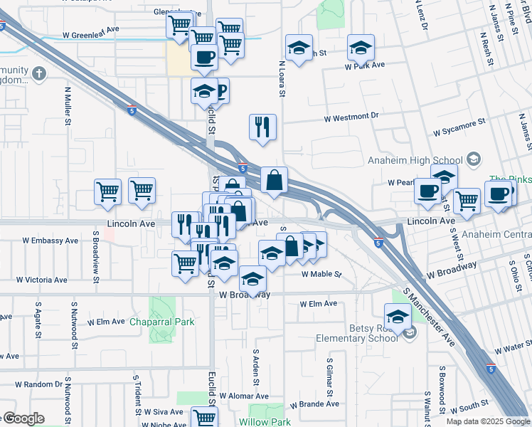 map of restaurants, bars, coffee shops, grocery stores, and more near 1600 West Lincoln Avenue in Anaheim