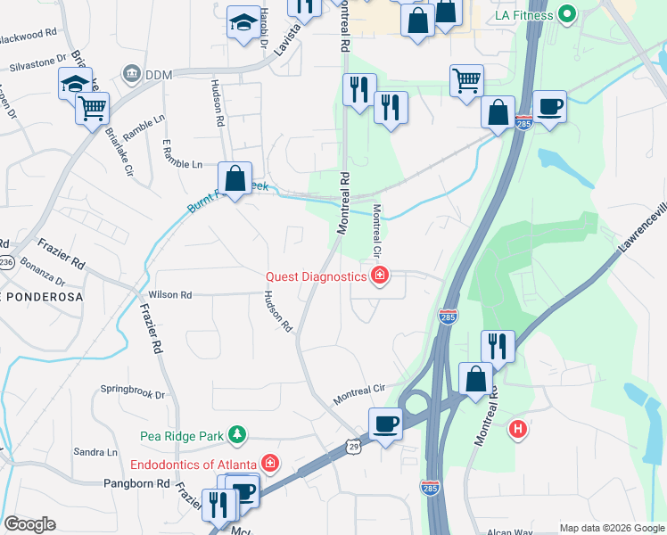 map of restaurants, bars, coffee shops, grocery stores, and more near 1693 Montreal Road in Tucker