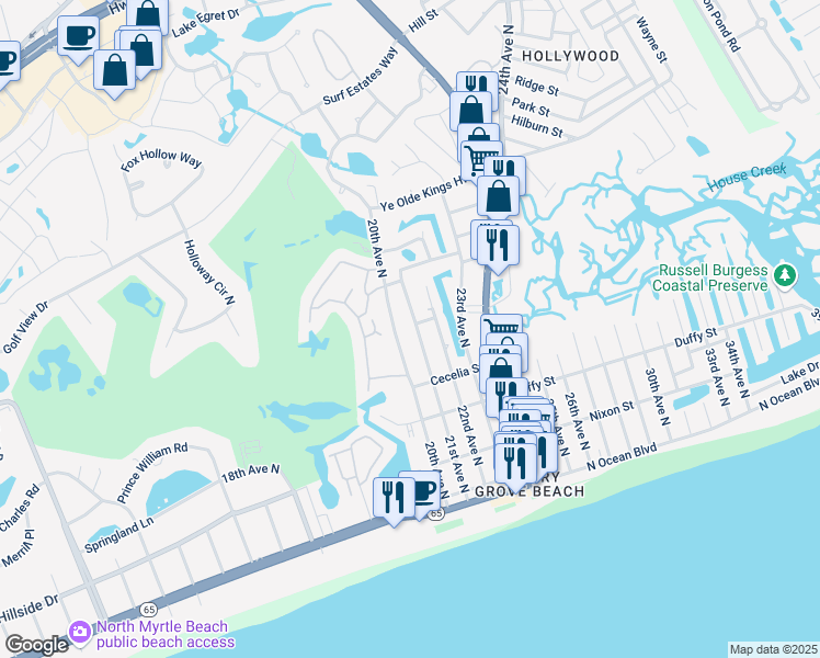 map of restaurants, bars, coffee shops, grocery stores, and more near 520 20th Avenue North in North Myrtle Beach