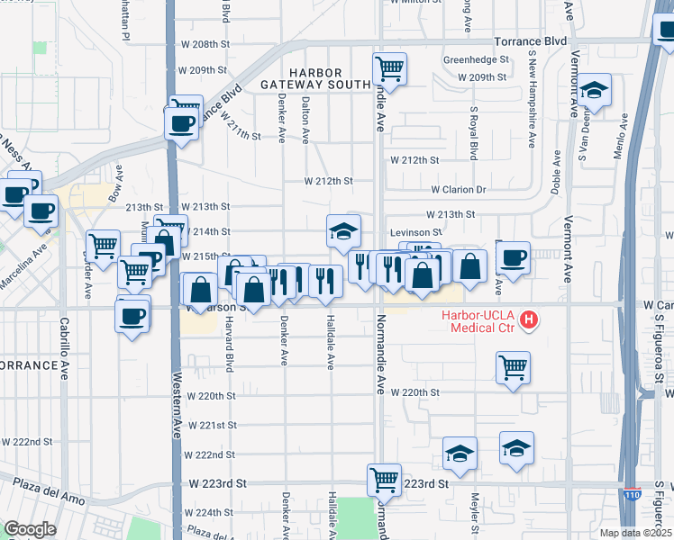 map of restaurants, bars, coffee shops, grocery stores, and more near 20907 Halldale Avenue in Torrance