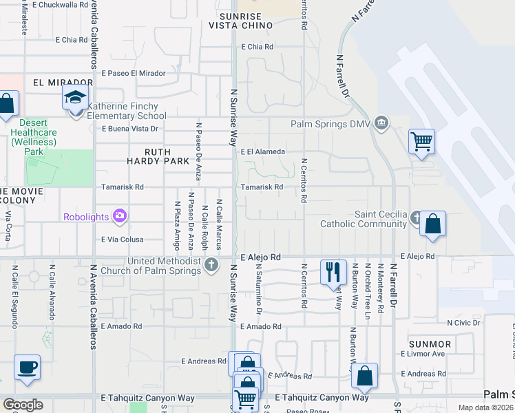 map of restaurants, bars, coffee shops, grocery stores, and more near 689 North Majorca Circle in Palm Springs