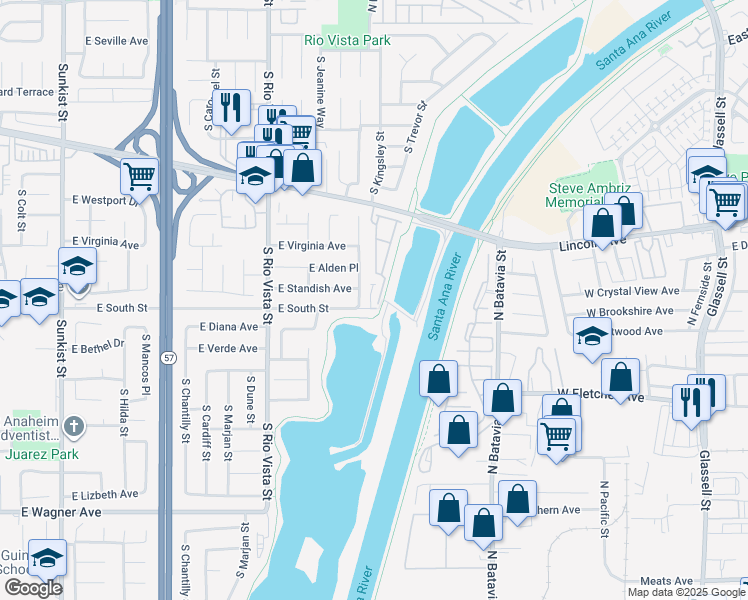 map of restaurants, bars, coffee shops, grocery stores, and more near 636 South Lakeshore Drive in Anaheim