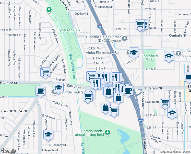 map of restaurants, bars, coffee shops, grocery stores, and more near 11402 216th Street in Lakewood