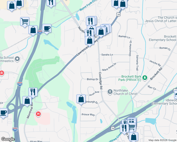 map of restaurants, bars, coffee shops, grocery stores, and more near 3633 Sheffield Place in Tucker