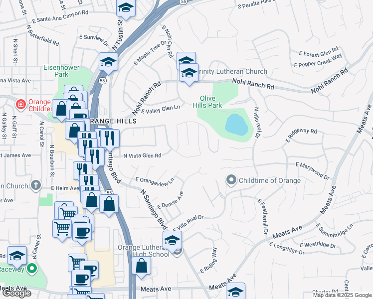map of restaurants, bars, coffee shops, grocery stores, and more near 2448 North Vista Crest Road in Orange