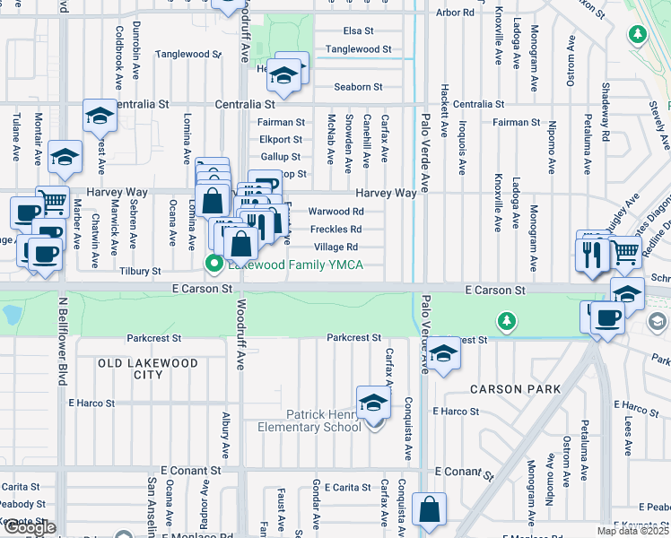 map of restaurants, bars, coffee shops, grocery stores, and more near 6122 Greenmeadow Road in Lakewood