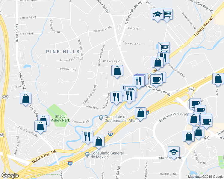 map of restaurants, bars, coffee shops, grocery stores, and more near 1720 Buckhead Valley Lane Northeast in Atlanta
