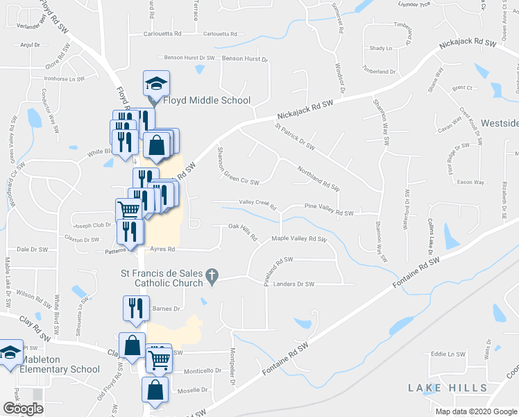 map of restaurants, bars, coffee shops, grocery stores, and more near 475 Valley Creek Road Southwest in Mableton